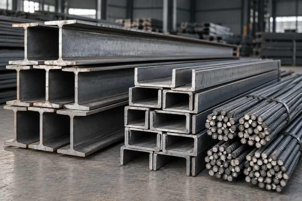 Steel beams, sections and reinforcing bars, illustrative image